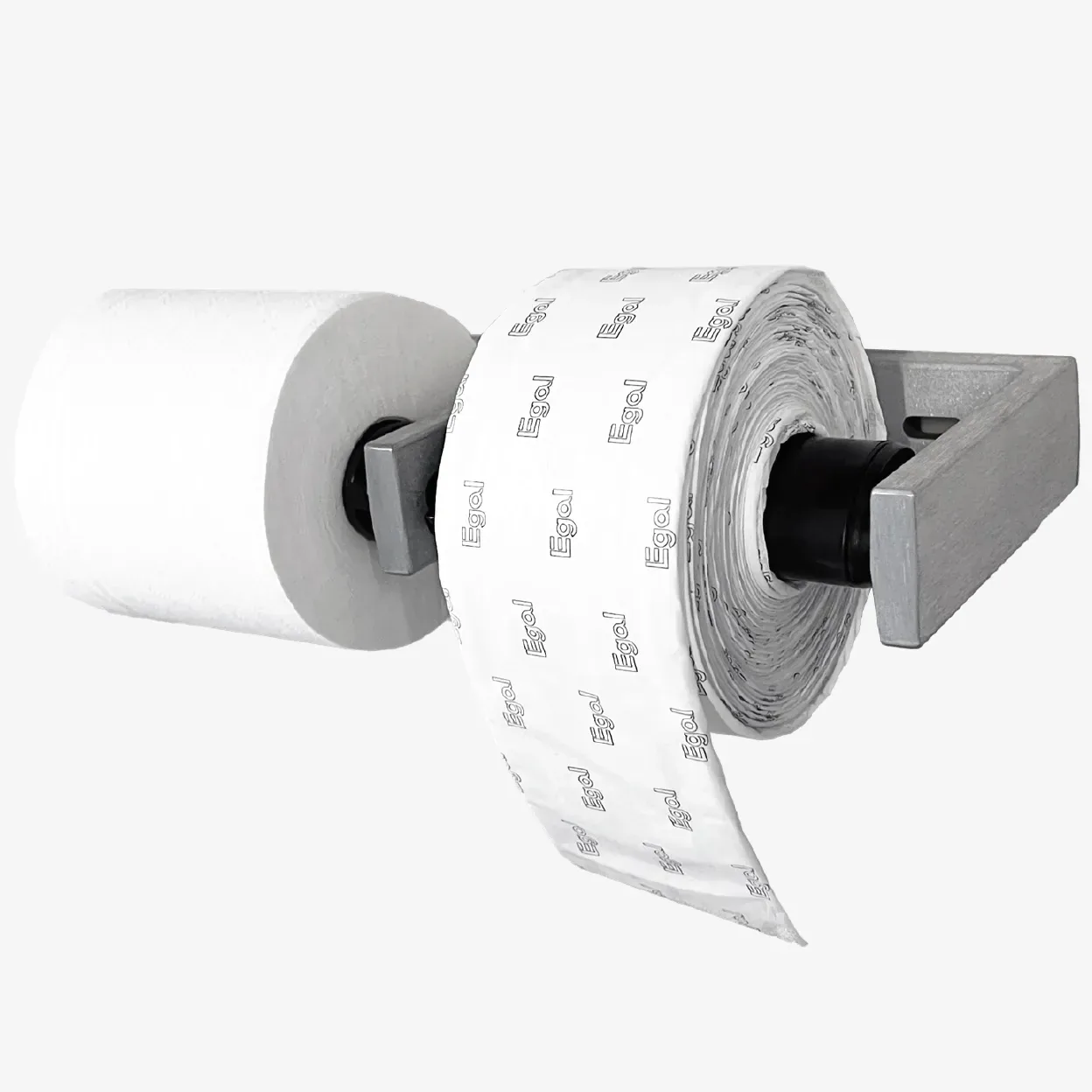 Wooden toilet paper holder with two rolls, one plain and one wrapped in Egal-branded paper