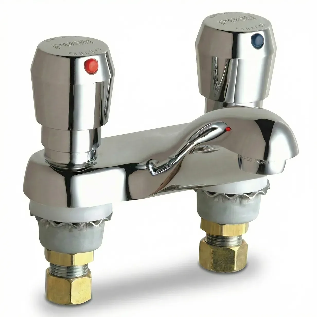 Chrome dual-handle faucet with red and blue dots for hot and cold water controls.