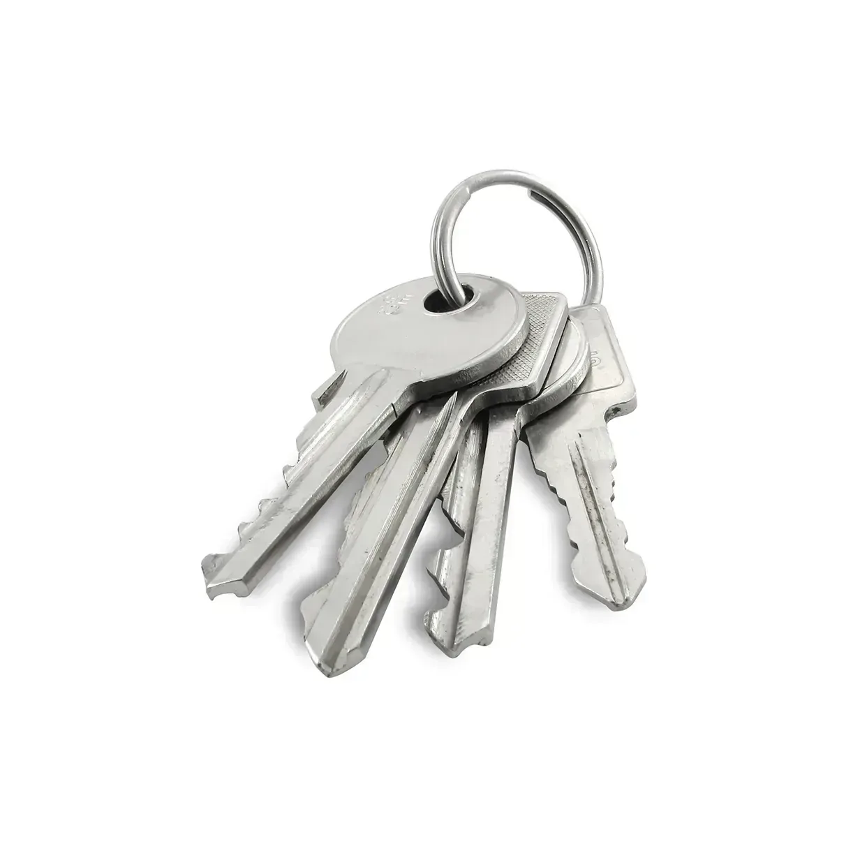 A set of four silver metal keys on a round keyring.