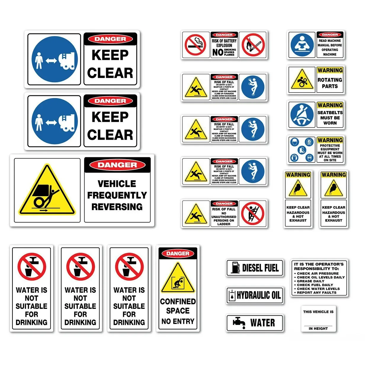 Collection of workplace safety signs including danger, warning, and no drinking water notices.