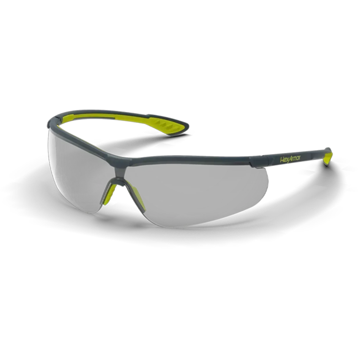 Black safety glasses with yellow accents and tinted wraparound lenses.