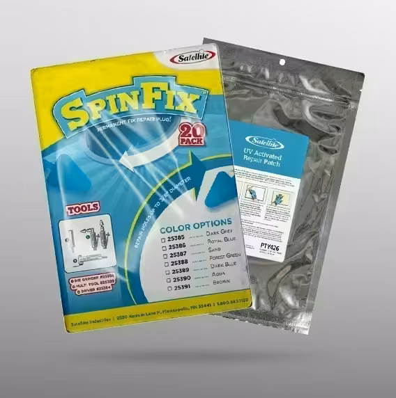 Two product packages for SpinFix, featuring tools and color options, displayed on a gradient