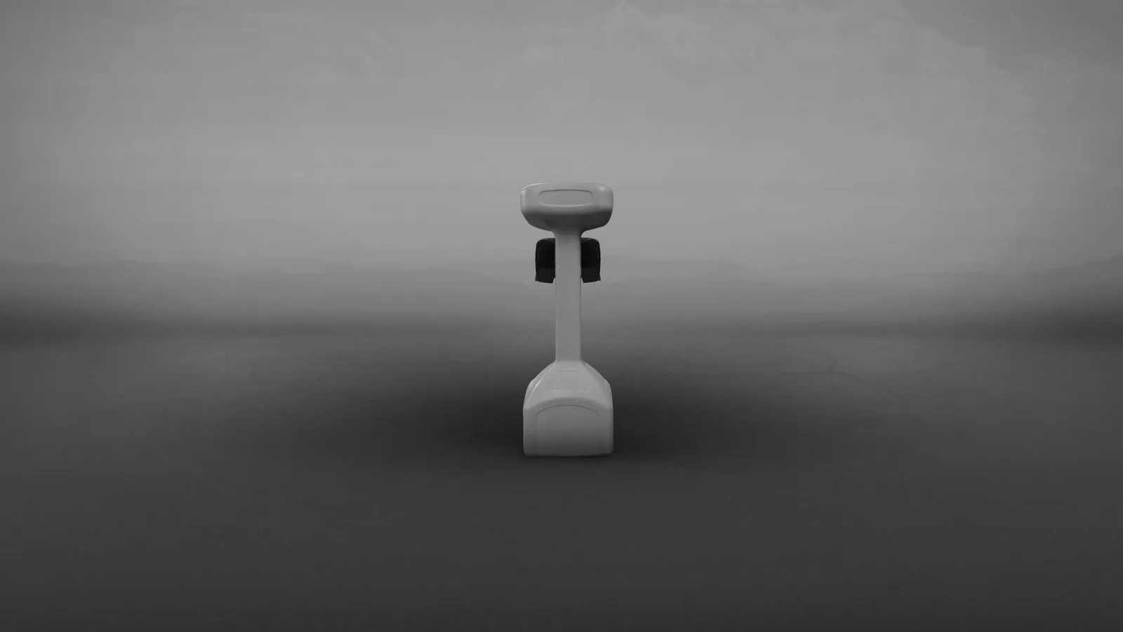 A minimalistic, white robotic device with wheels, shown from the front against a gray background.