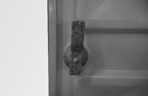A close-up of a textured door handle mounted on a light-colored door panel.