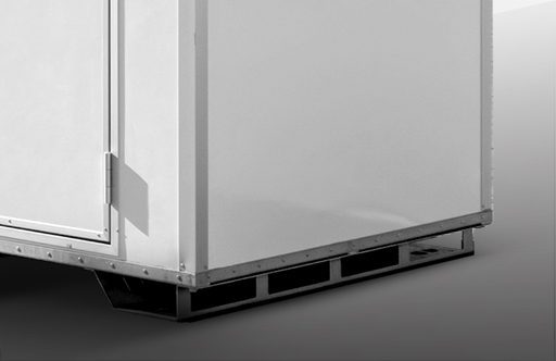 A white storage container with a metal base and corner support, set on a dark background.