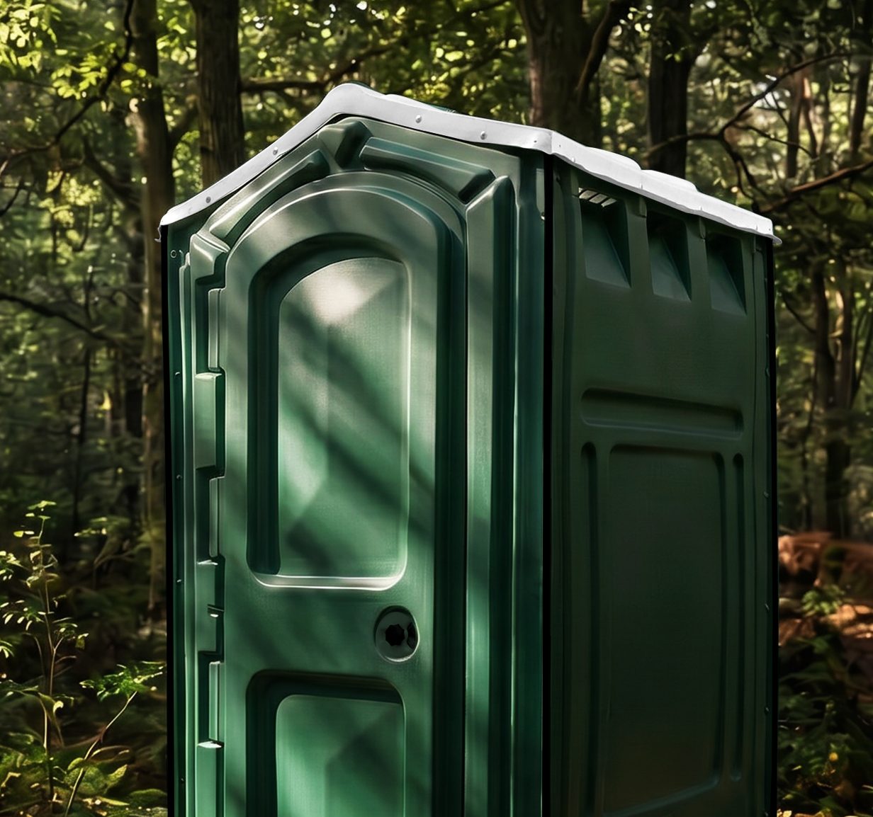 A green portable toilet in a forest, surrounded by trees and dappled sunlight.