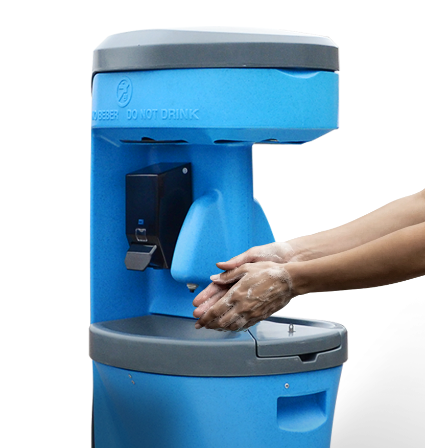 A blue handwashing station with someone lathering their hands with soap. "DO NOT DRINK" is marked.
