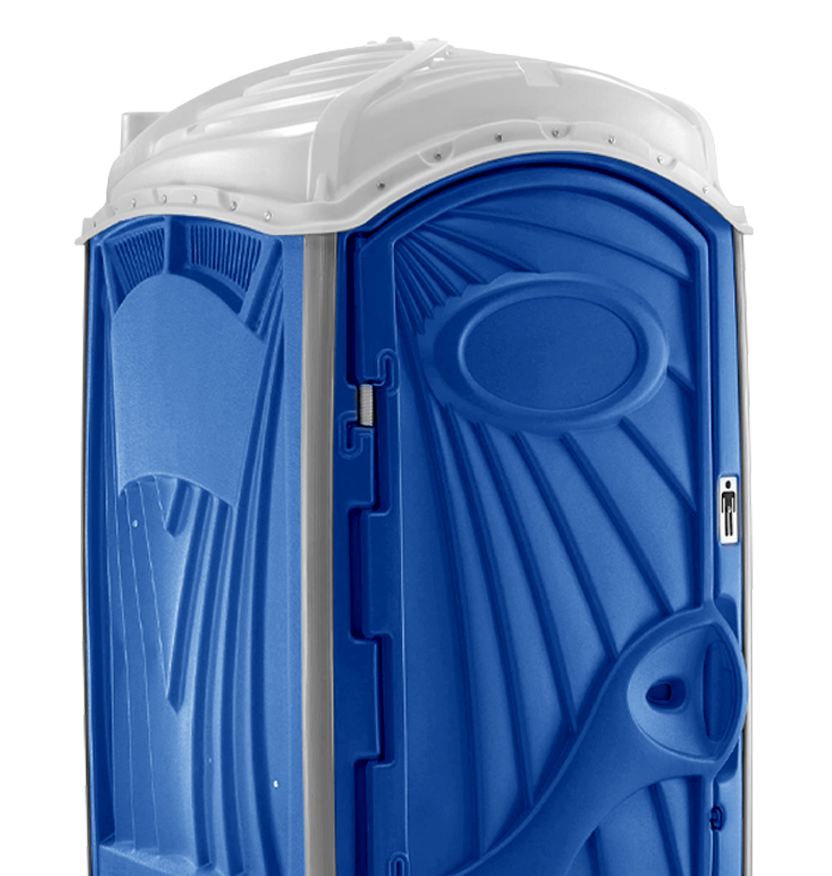 A blue portable restroom with a white roof and a single door, designed for outdoor use.