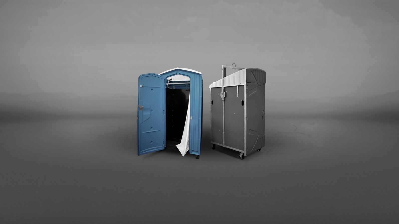 Two portable toilets, one red and one gray, positioned against a gray background.